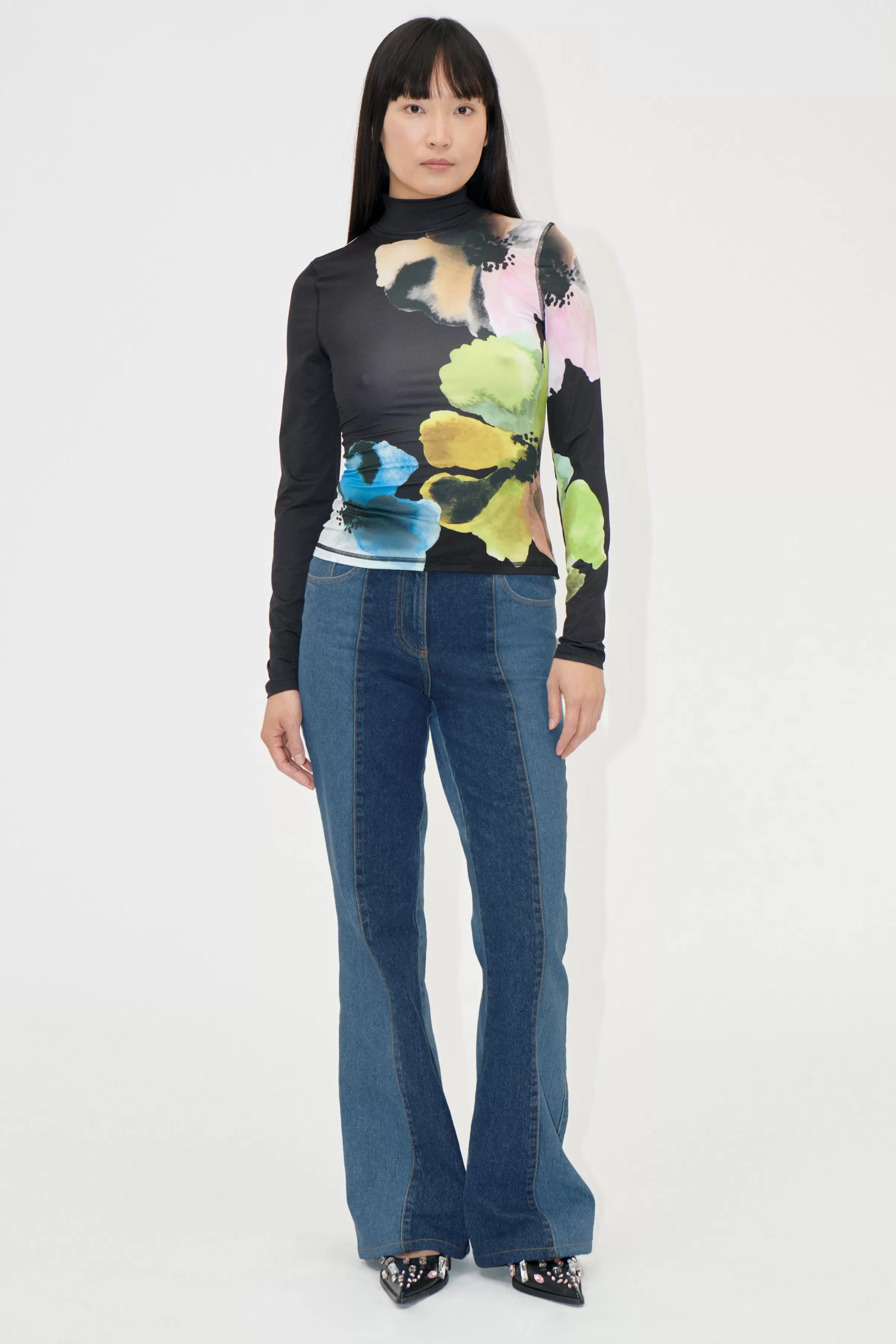 Tops & Shirts-STINE GOYA Elastic High Neck Collared Top - Watercolor Bloom Maxi WatercolorBloomMaxi