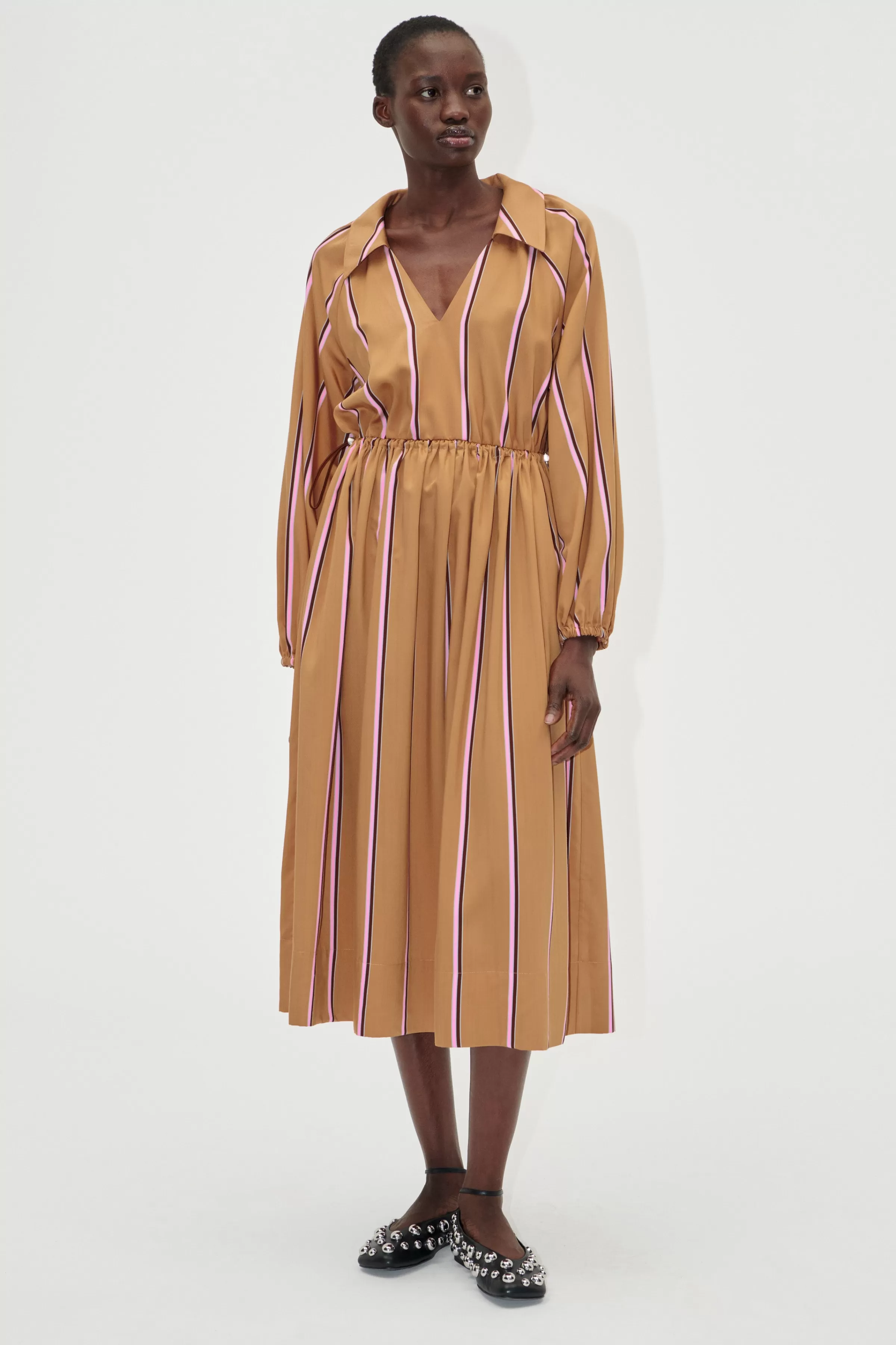 Dresses-STINE GOYA Elasticated Midi Dress - Cocoa Stripes CocoaStripes