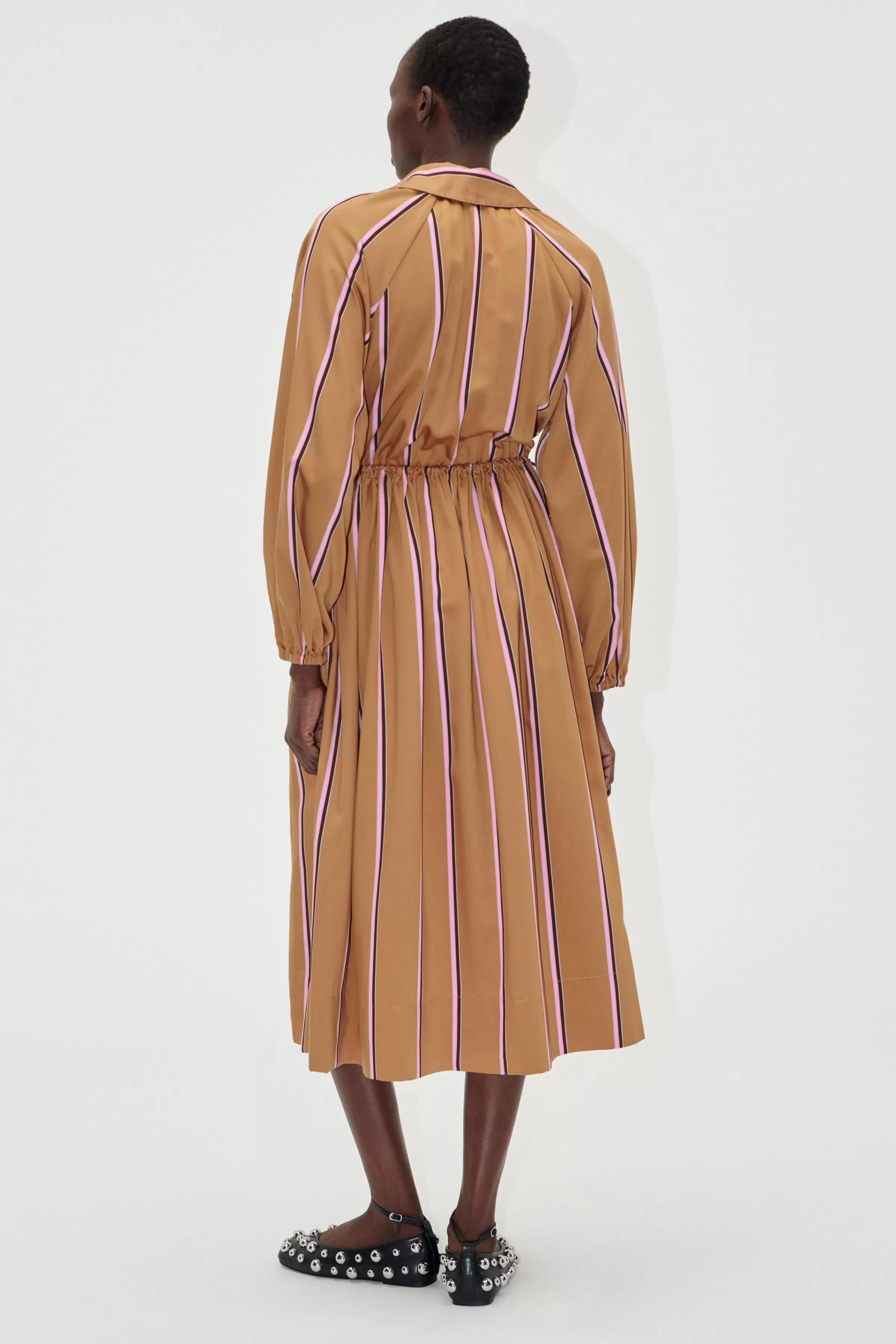 Dresses-STINE GOYA Elasticated Midi Dress - Cocoa Stripes CocoaStripes