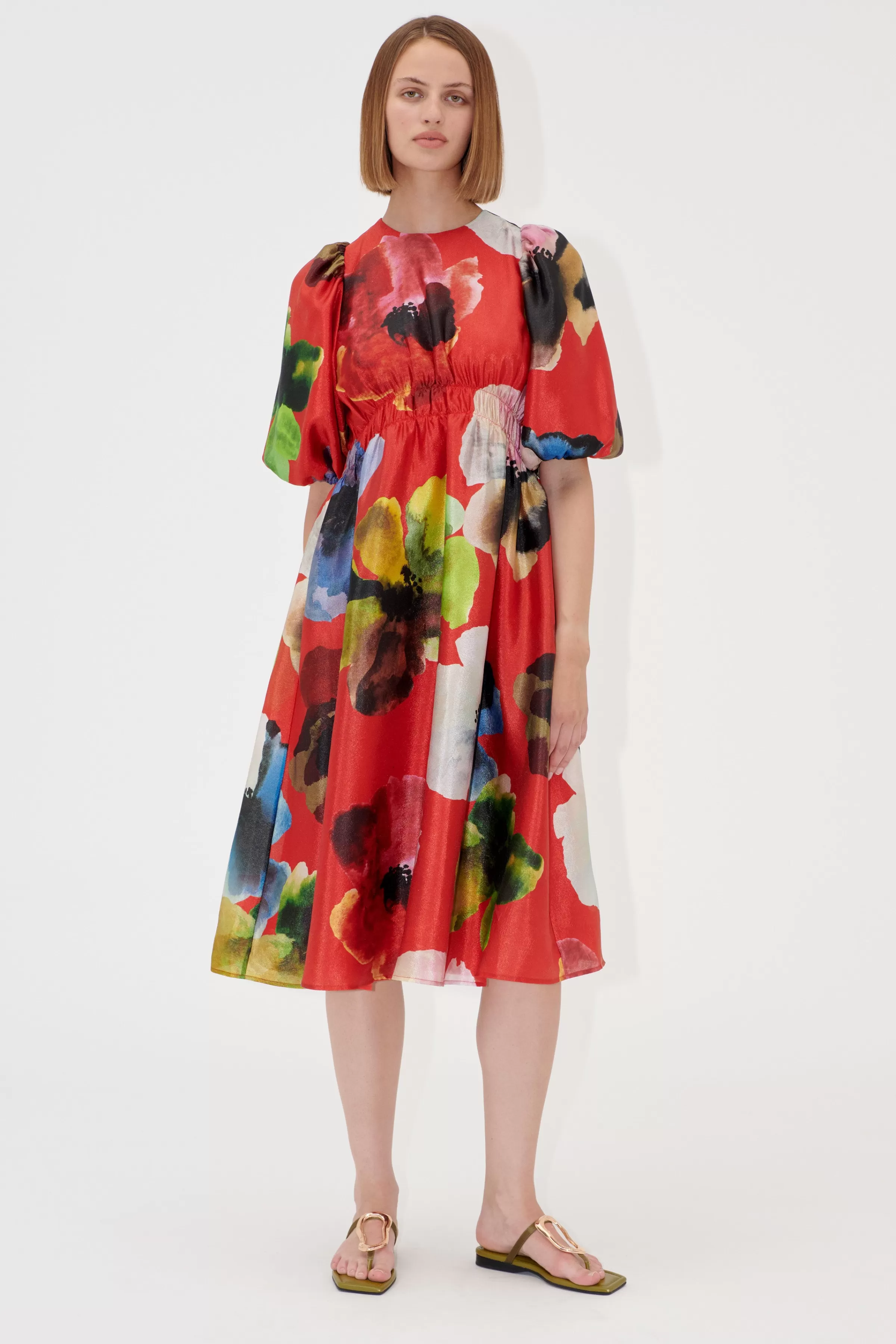 Dresses-STINE GOYA Elasticated Waist Midi Dress - Bloom In Red BloomInRed