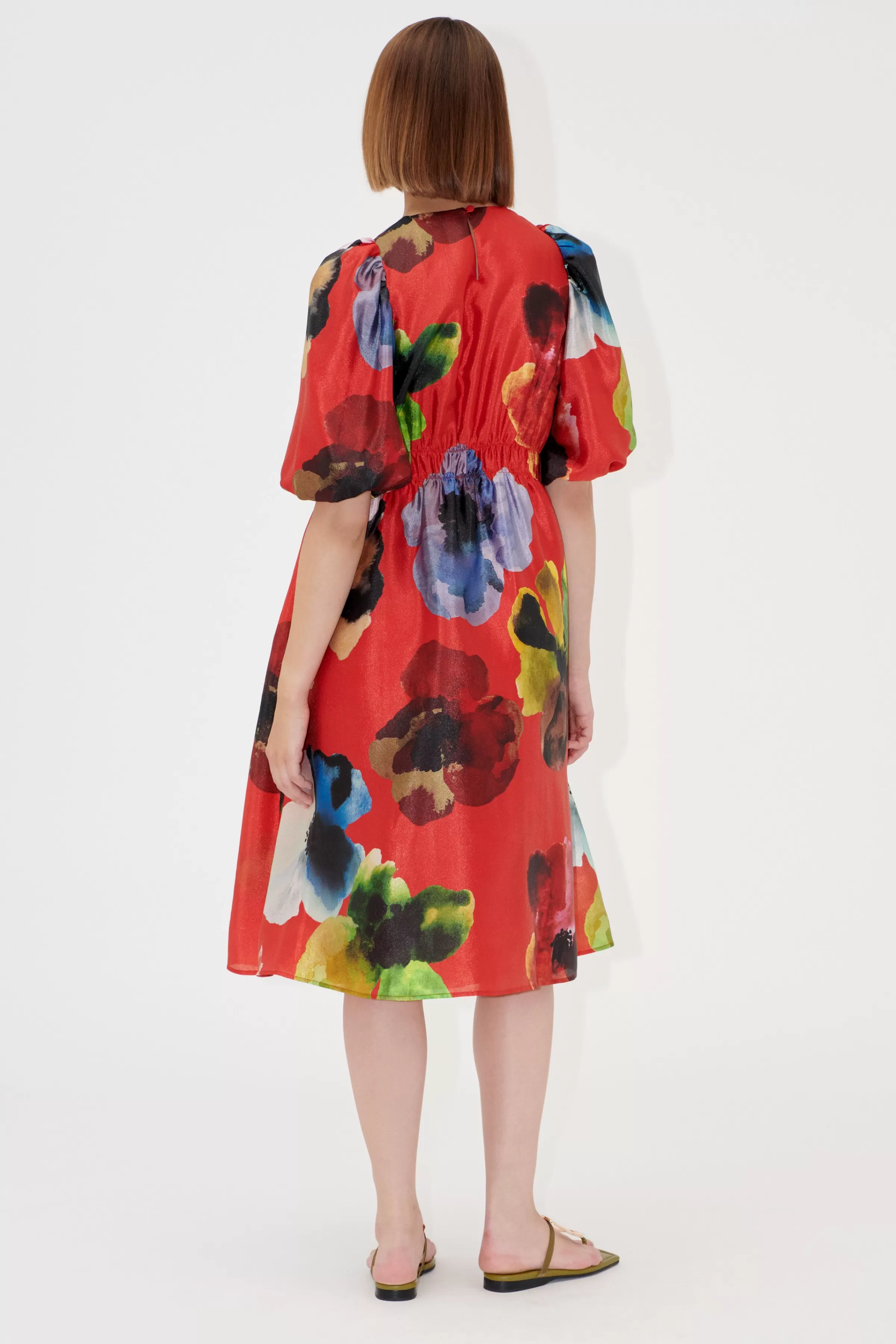 Dresses-STINE GOYA Elasticated Waist Midi Dress - Bloom In Red BloomInRed