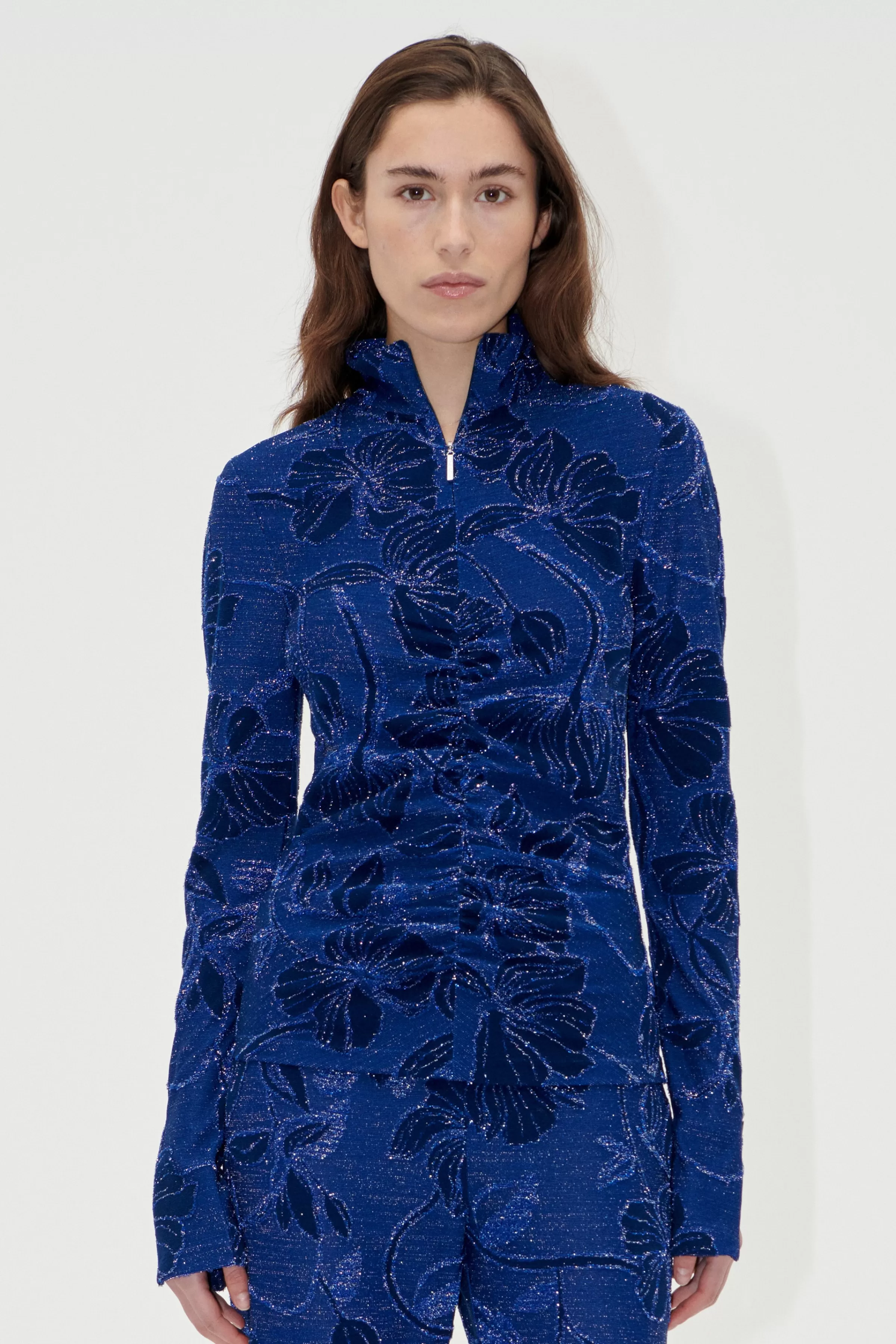 Tops & Shirts-STINE GOYA Gathered Long Sleeve High Neck Collar Top - Fine Line Poppies FineLinePoppies