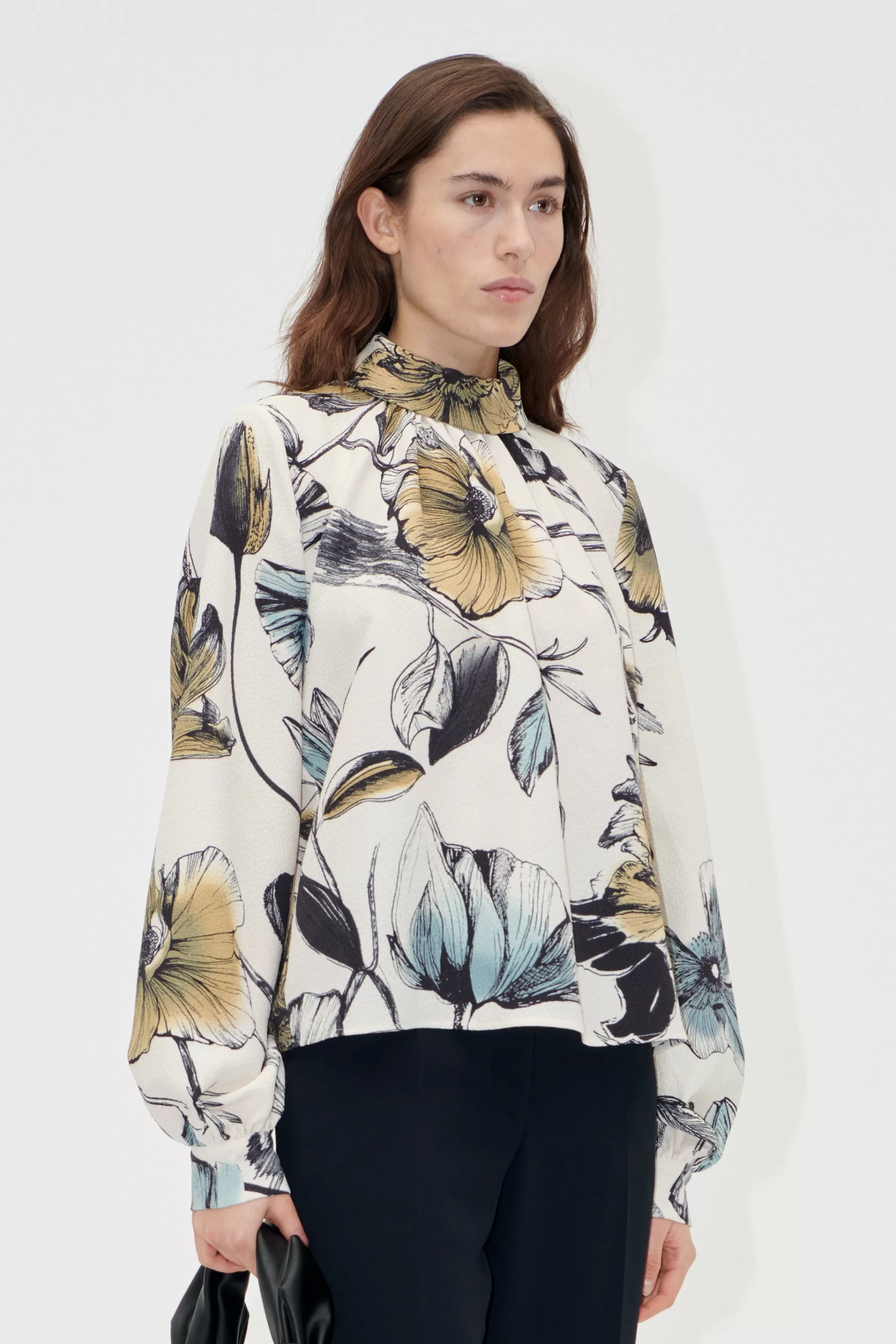 Tops & Shirts-STINE GOYA Gathered Long Sleeve Top - Fine Line Poppies FineLinePoppies