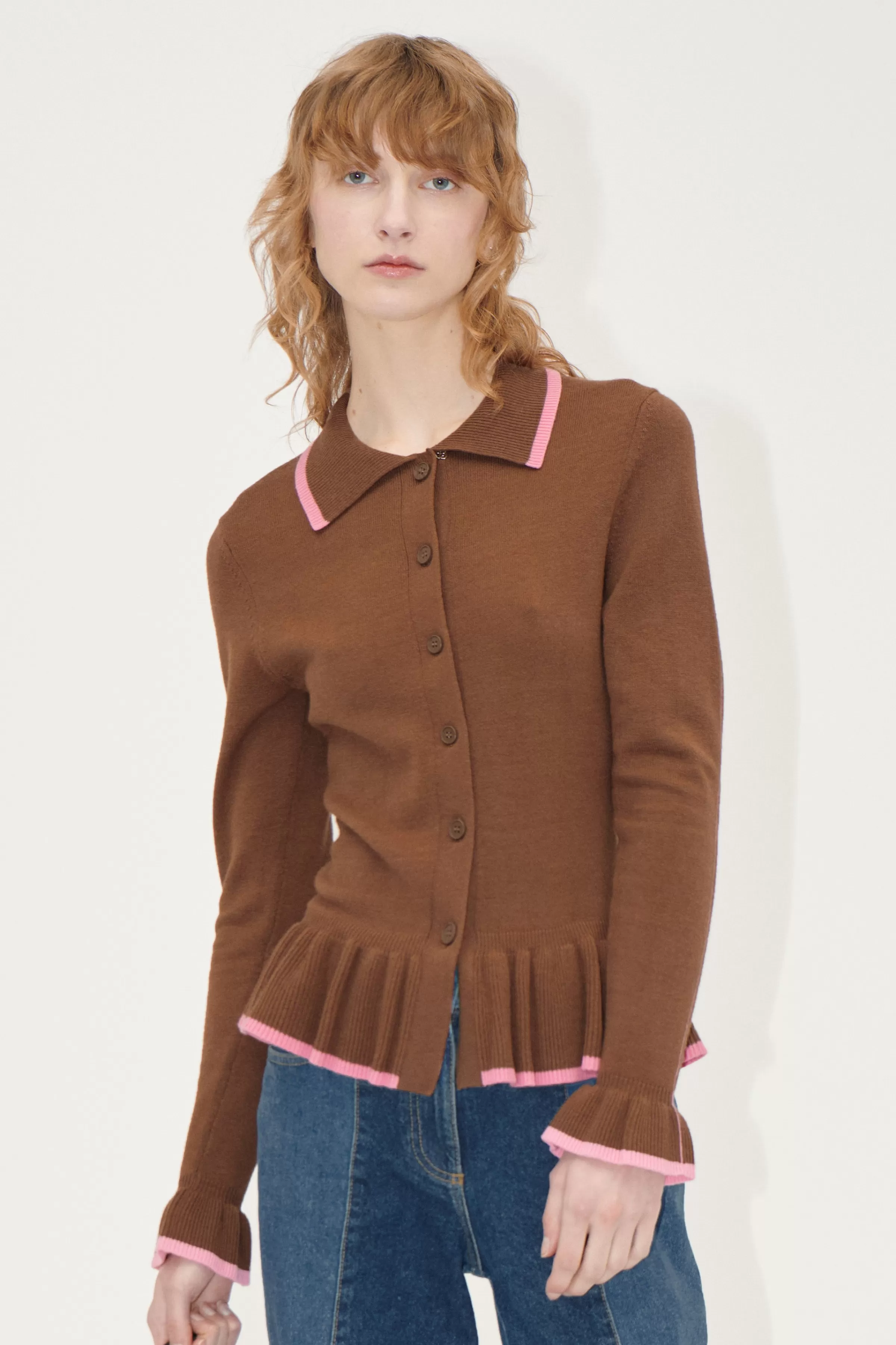 Knitwear-STINE GOYA Linear Ruffle Cardigan - Partridge Brown PartridgeBrown