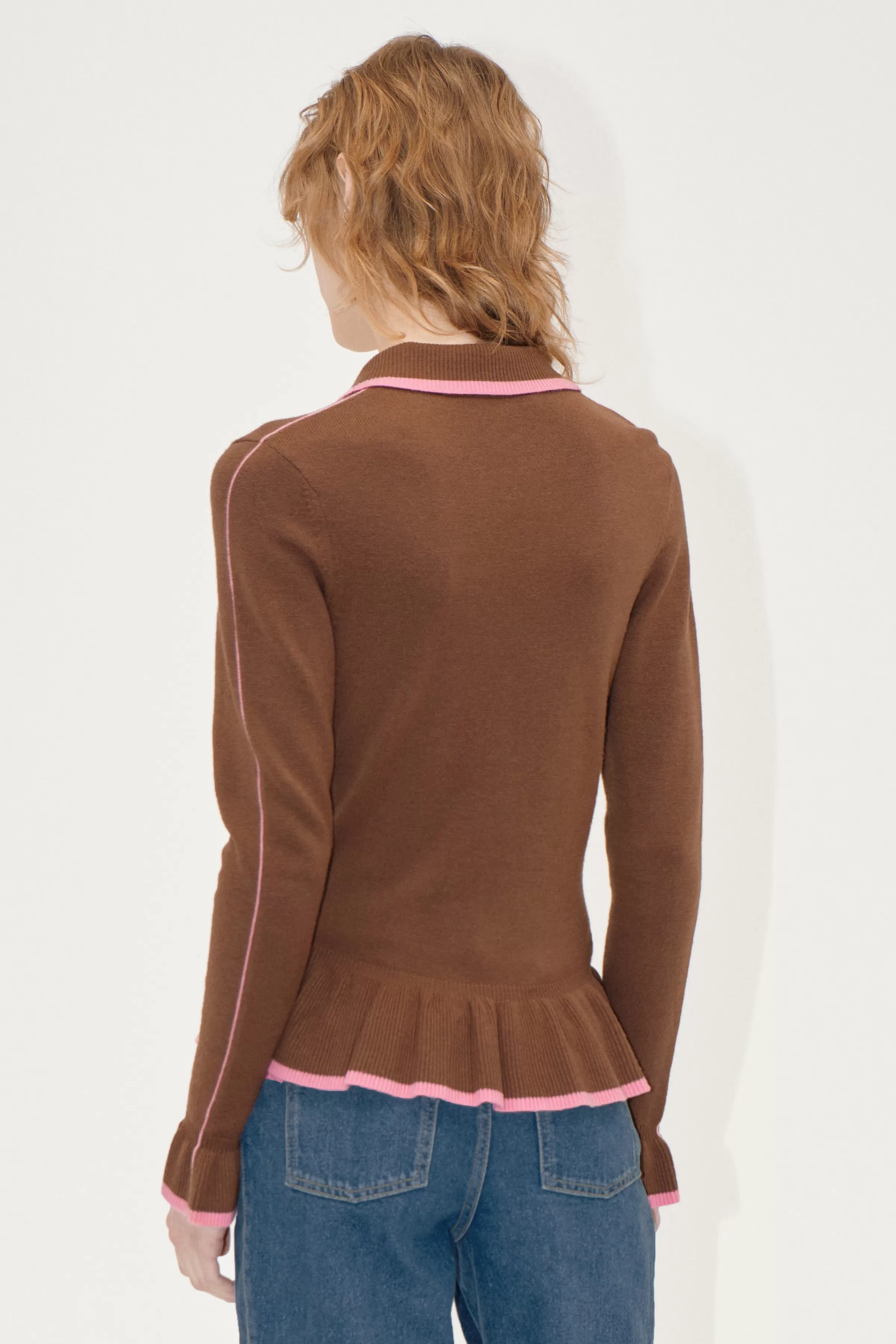 Knitwear-STINE GOYA Linear Ruffle Cardigan - Partridge Brown PartridgeBrown