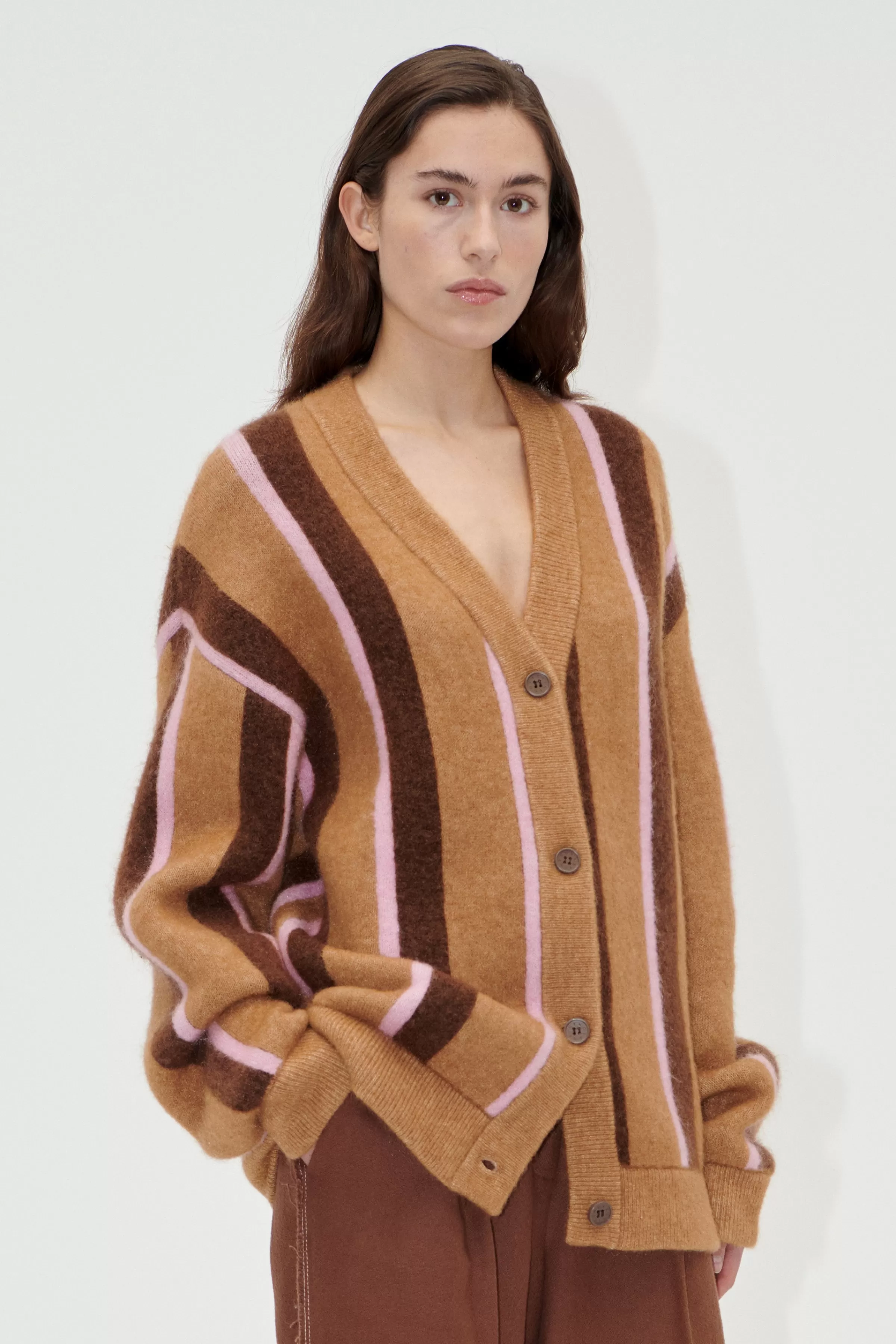 Knitwear-STINE GOYA Long Sleeve Cardigan - Cocoa Stripes CocoaStripes