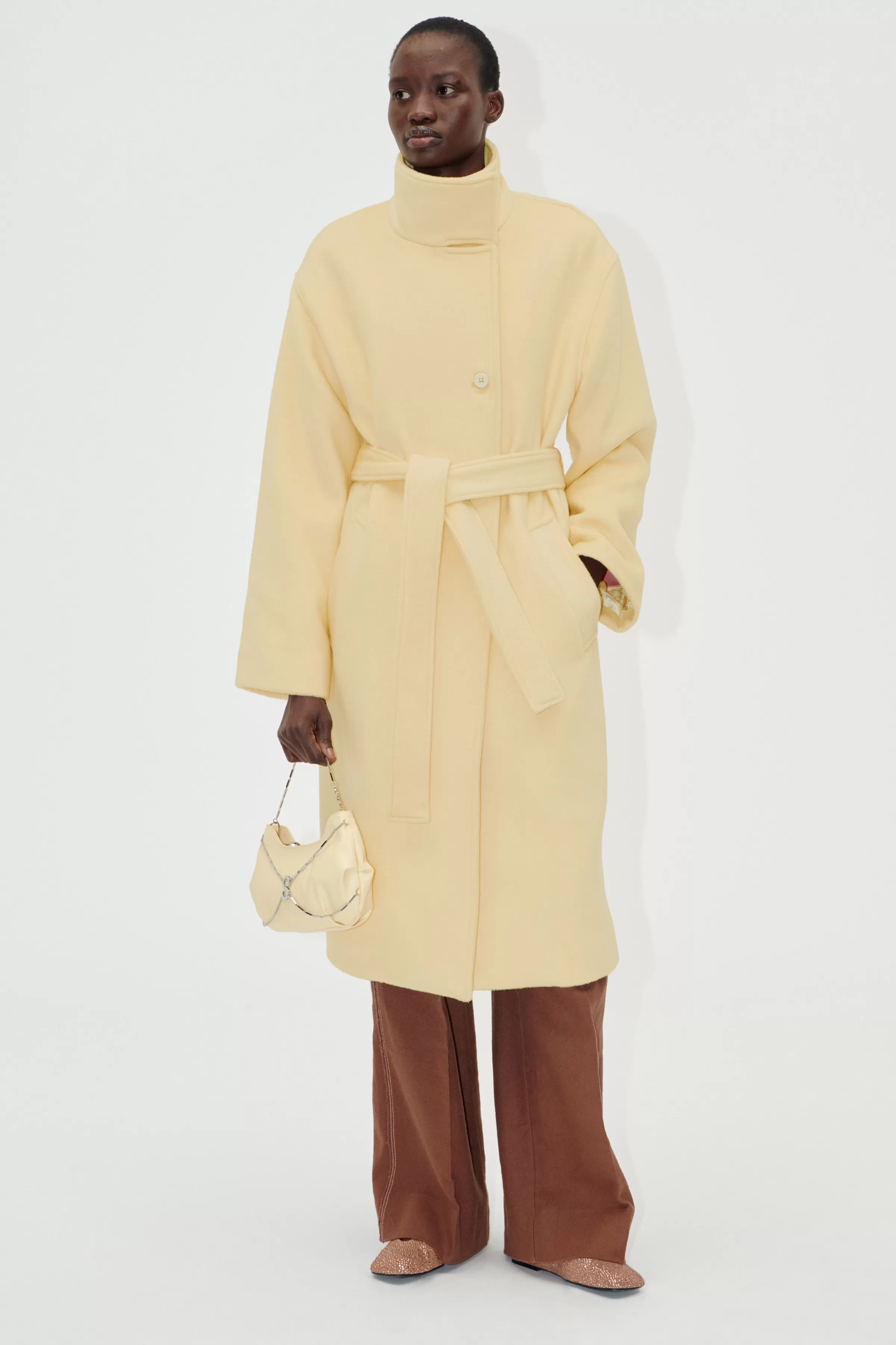 Outerwear-STINE GOYA Long Sleeve High Collar Coat - Butter Milk ButterMilk