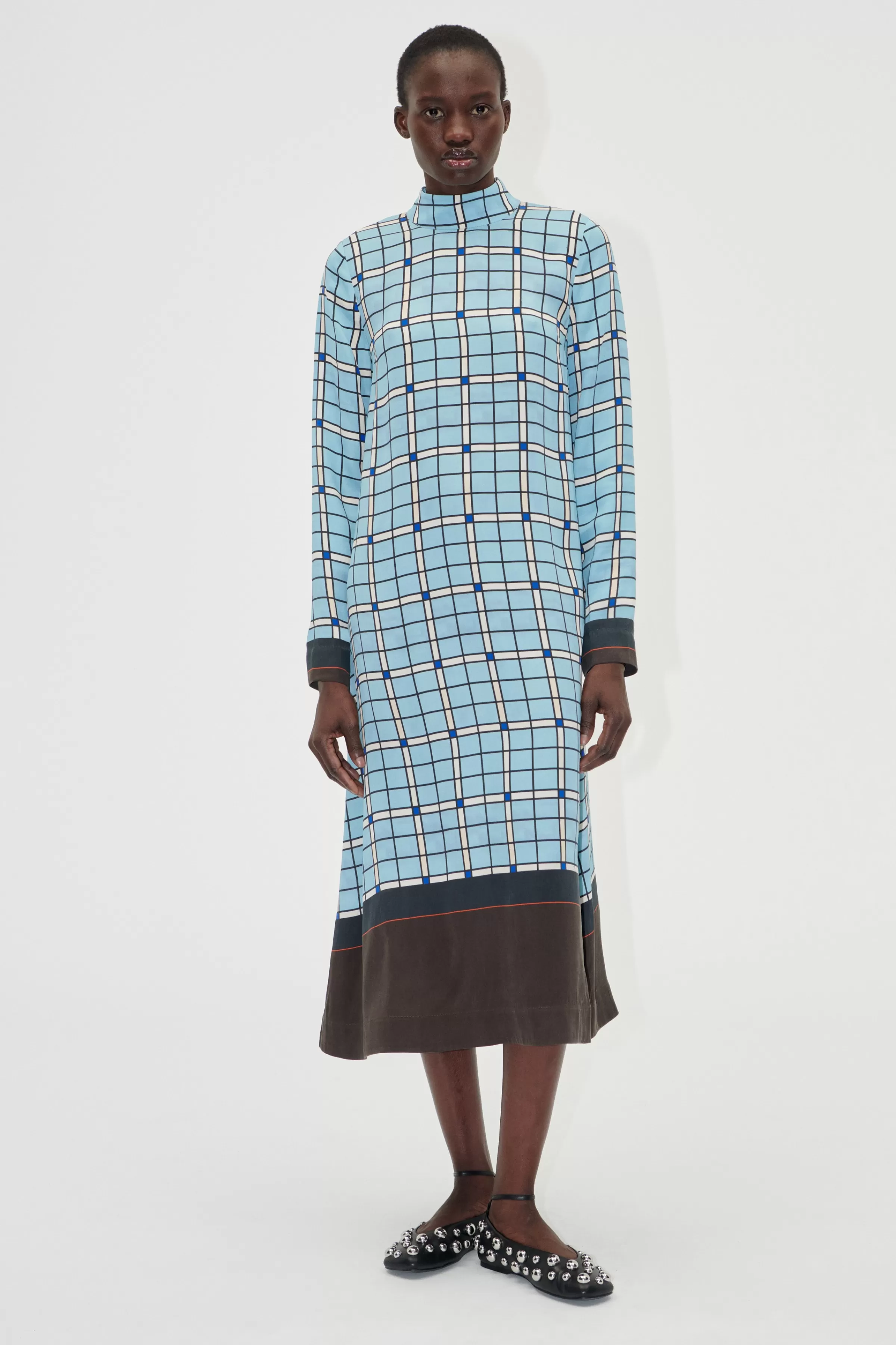 Dresses-STINE GOYA Long Sleeve Midi Dress - Window Check WindowCheck