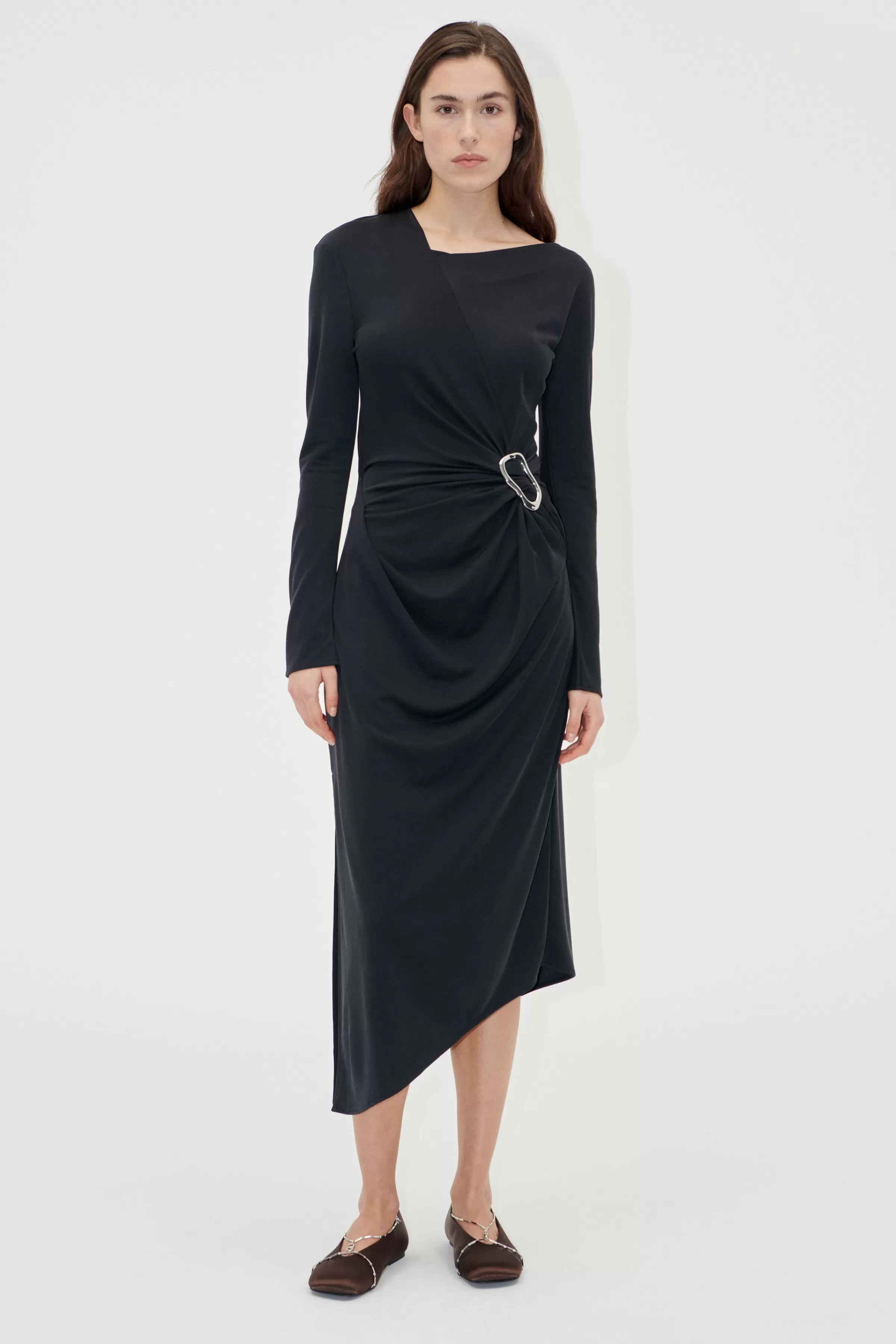 Dresses-STINE GOYA Long Sleeve Midi Dress With Fixed Buckle - Jet Black JetBlack