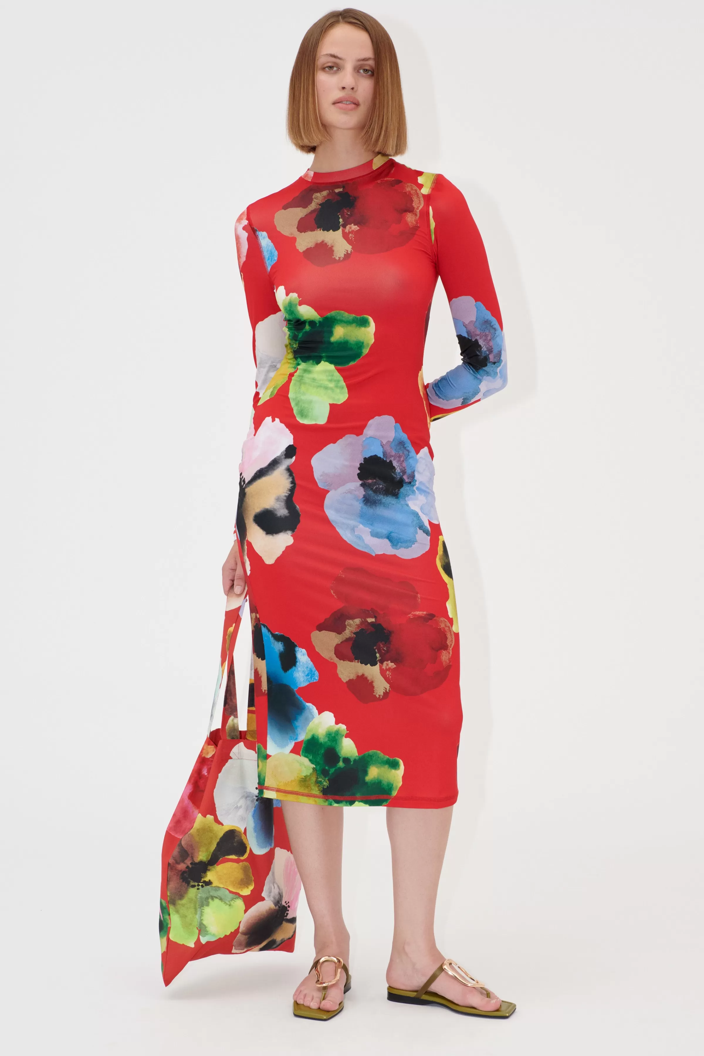 Dresses-STINE GOYA Pullover Long Sleeve Midi Dress - Bloom In Red BloomInRed