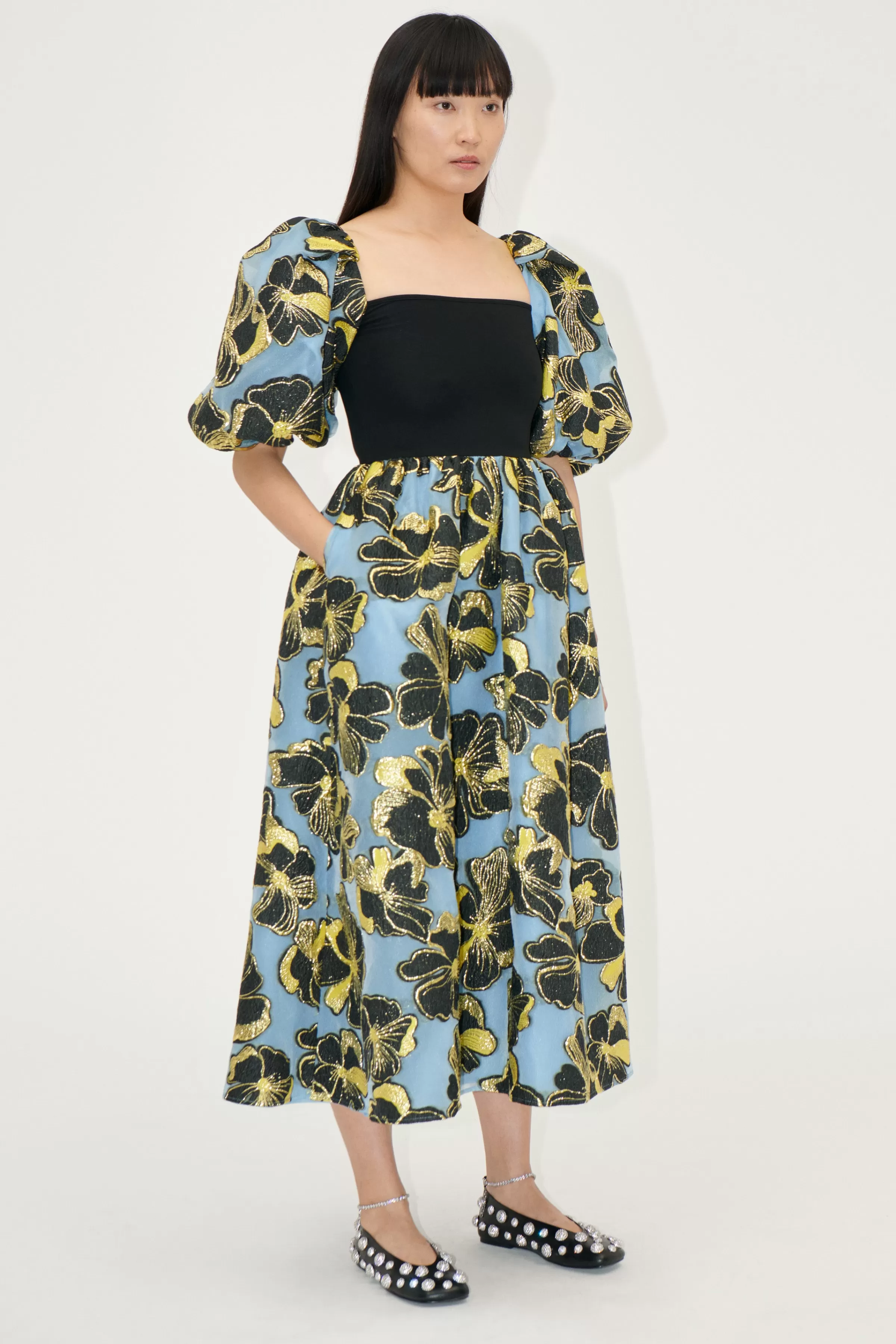 Dresses-STINE GOYA 3/4 Sleeve Combo Bodice Midi Dress - Blue Anemone Jacquard BlueAnemoneJacquard