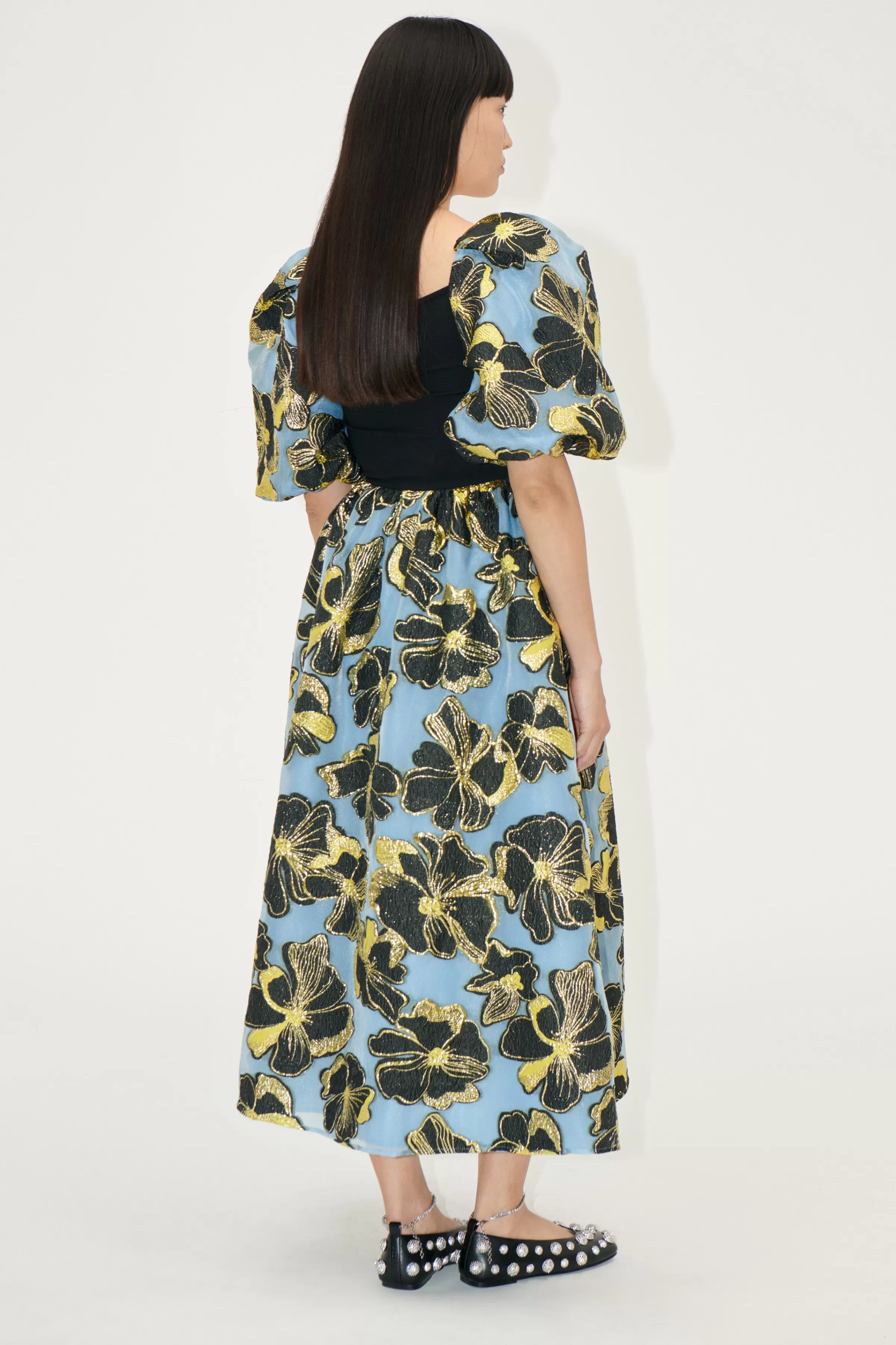 Dresses-STINE GOYA 3/4 Sleeve Combo Bodice Midi Dress - Blue Anemone Jacquard BlueAnemoneJacquard