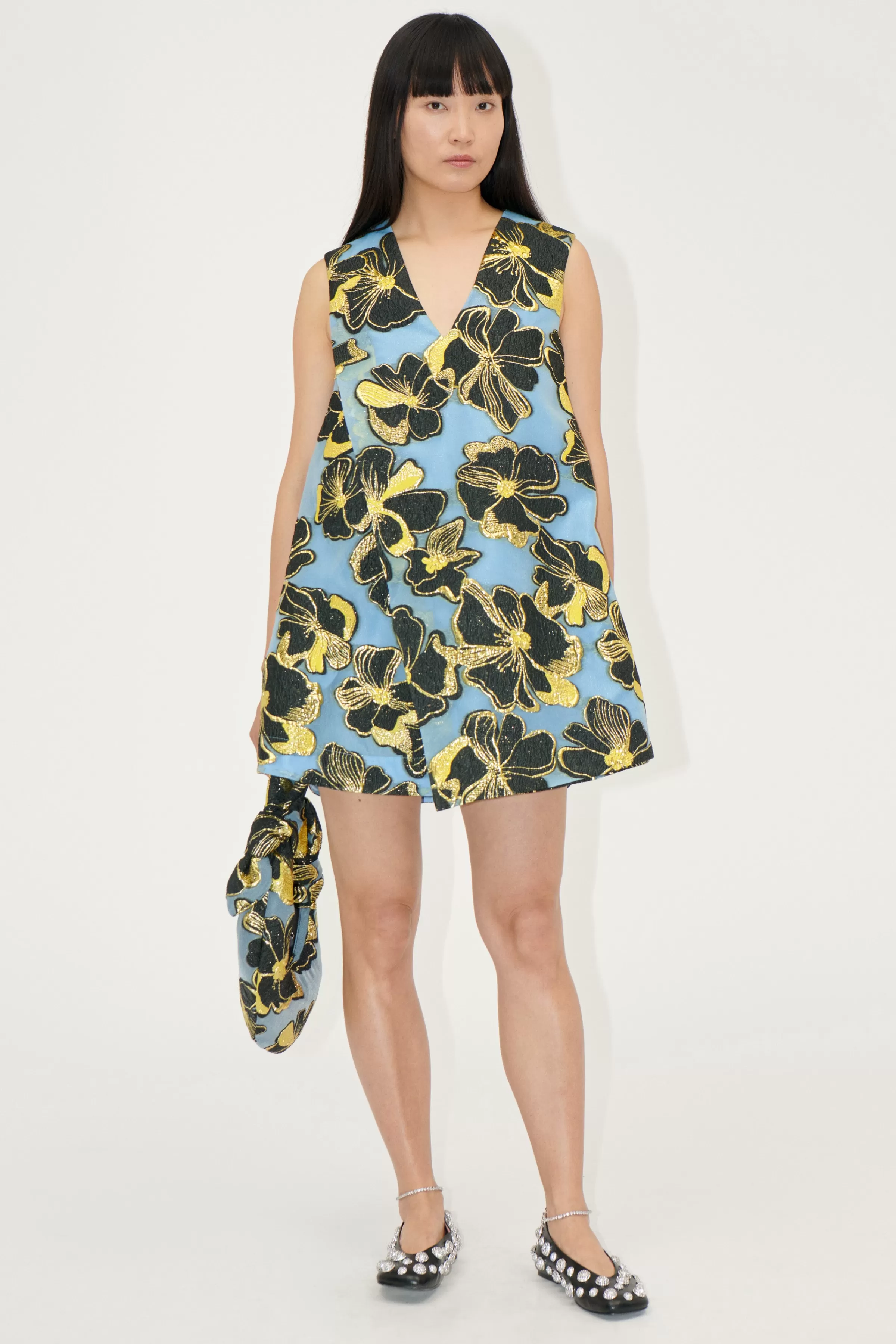 Dresses-STINE GOYA Sleeveless V-Neck Short Dress - Blue Anemone Jacquard NeckShortDress-BlueAnemoneJacquard