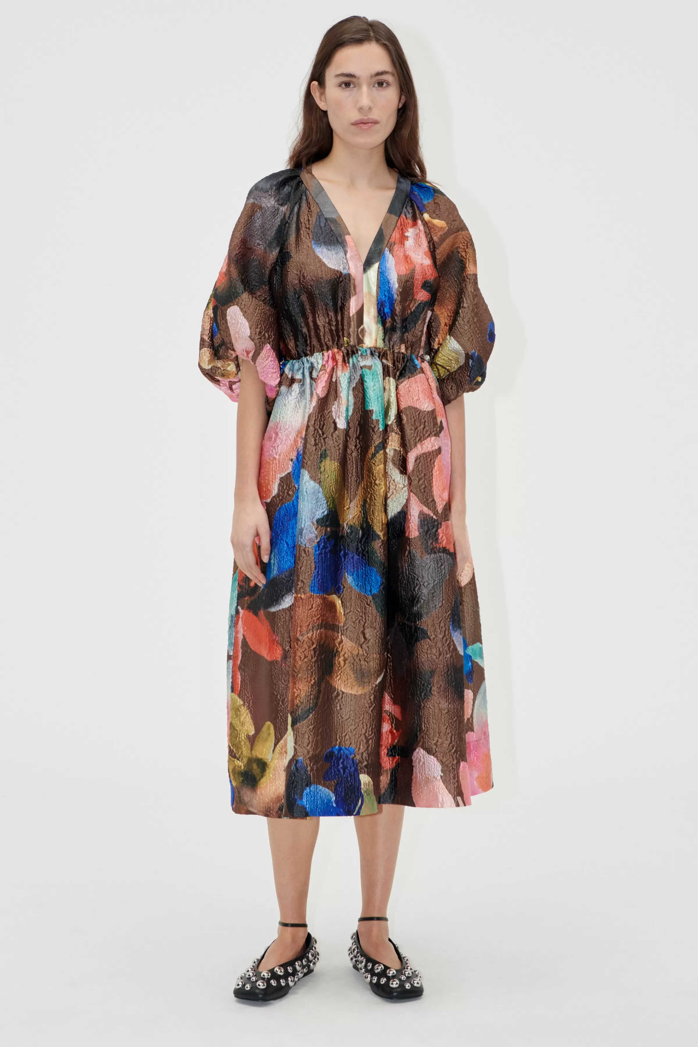 Dresses-STINE GOYA Three-Quarter Sleeve Elasticated Midi Dress - Aquarelle Garden QuarterSleeveElasticatedMidiDress-AquarelleGarden