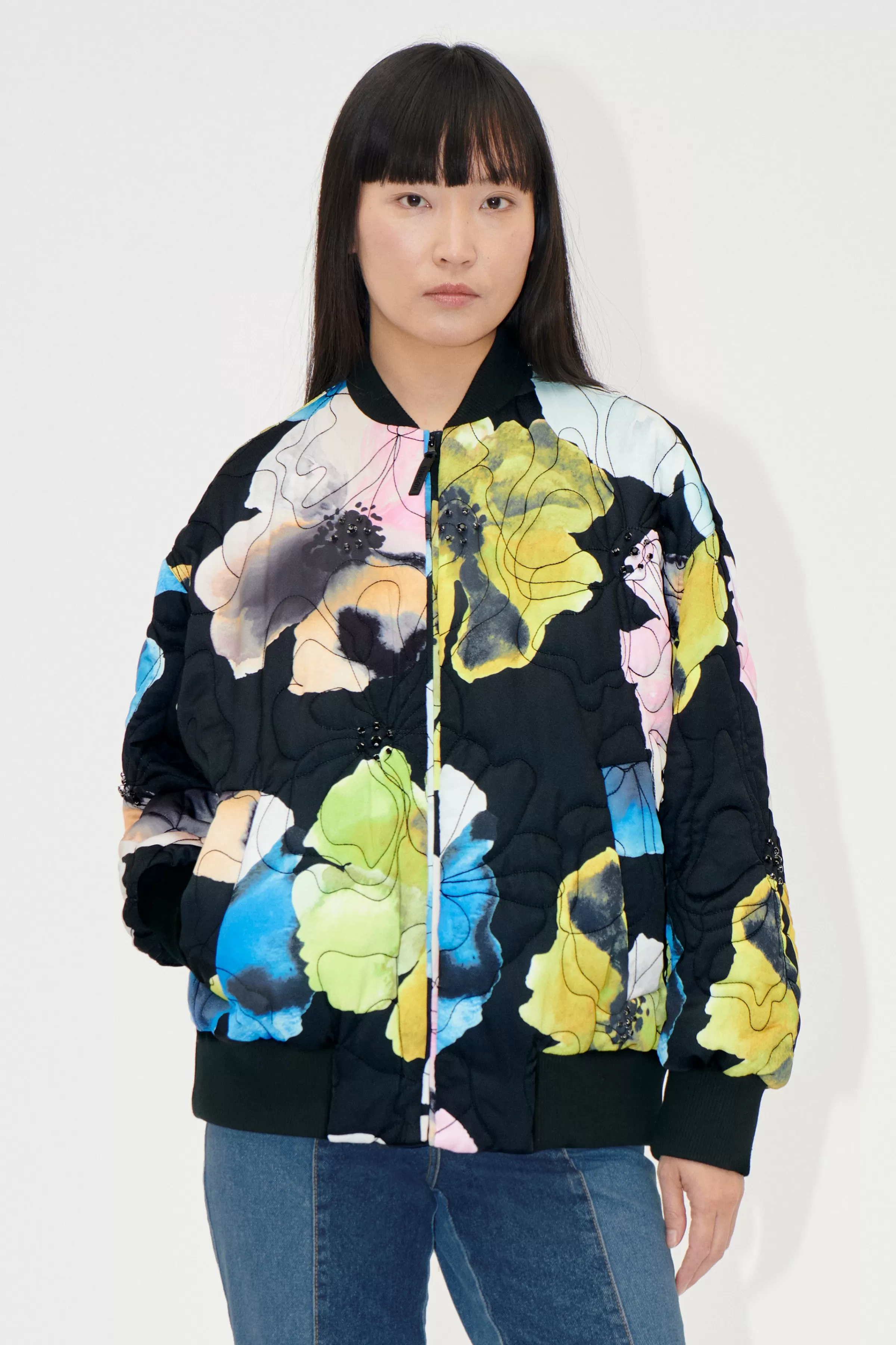 Outerwear-STINE GOYA Voluminous Bomber Jacket - Watercolor Bloom WatercolorBloom