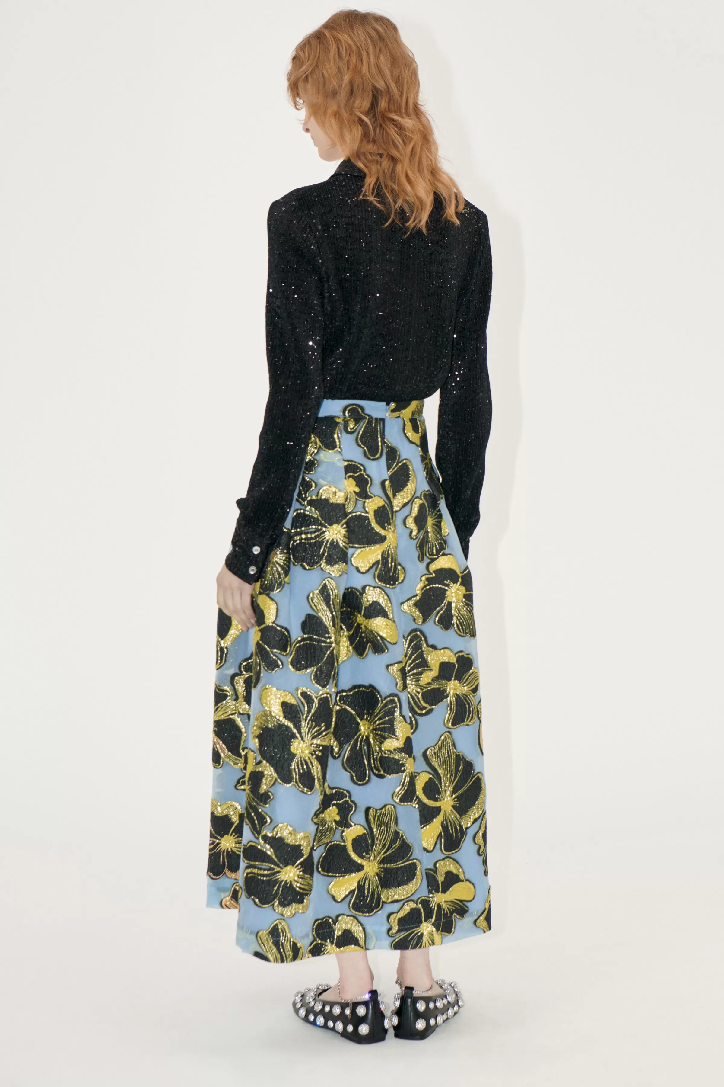 Skirts & Shorts-STINE GOYA Voluminous Midi Skirt - Blue Anemone Jacquard BlueAnemoneJacquard