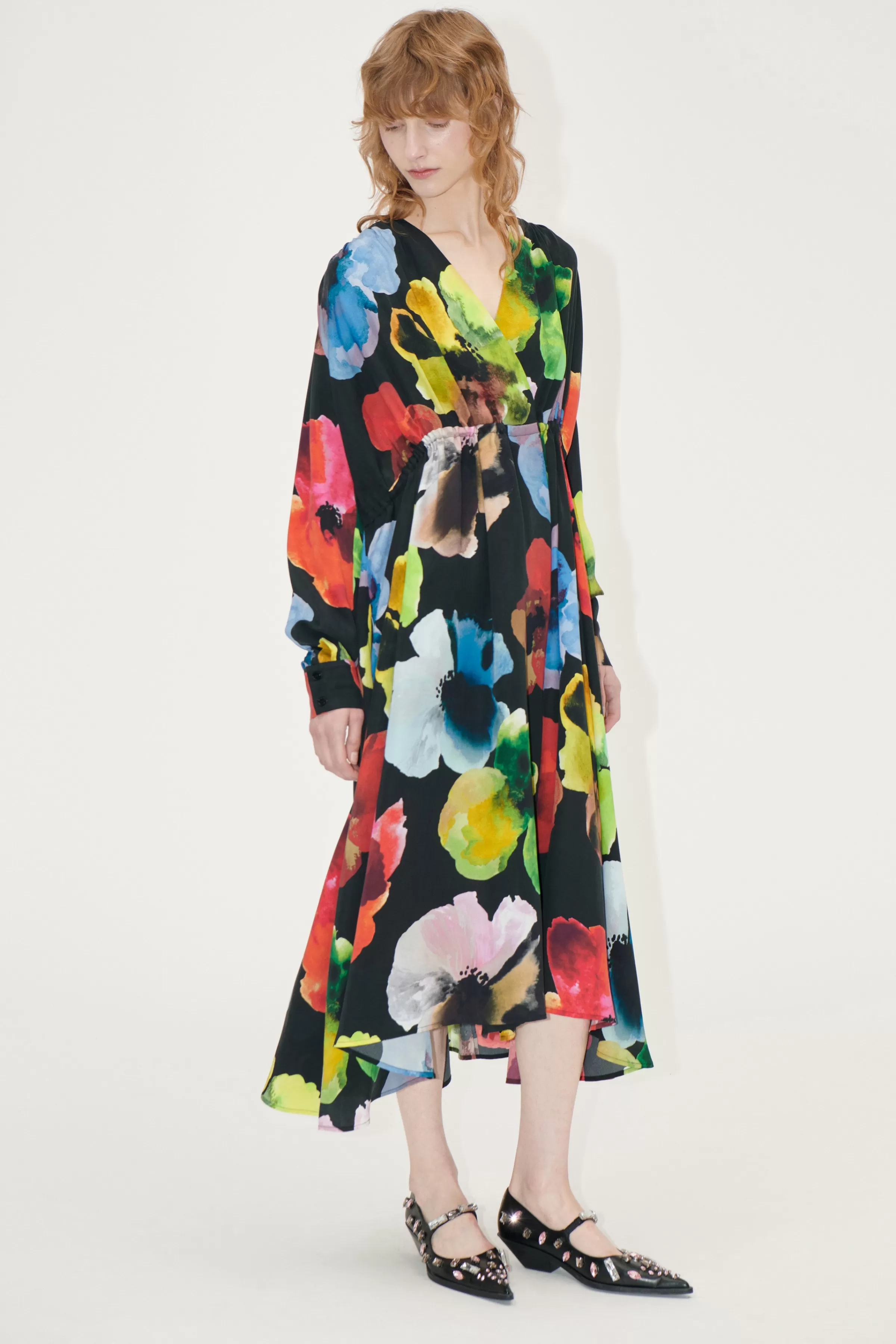 Dresses-STINE GOYA Voluminous V Neck Midi Dress - Watercolor Bloom WatercolorBloom