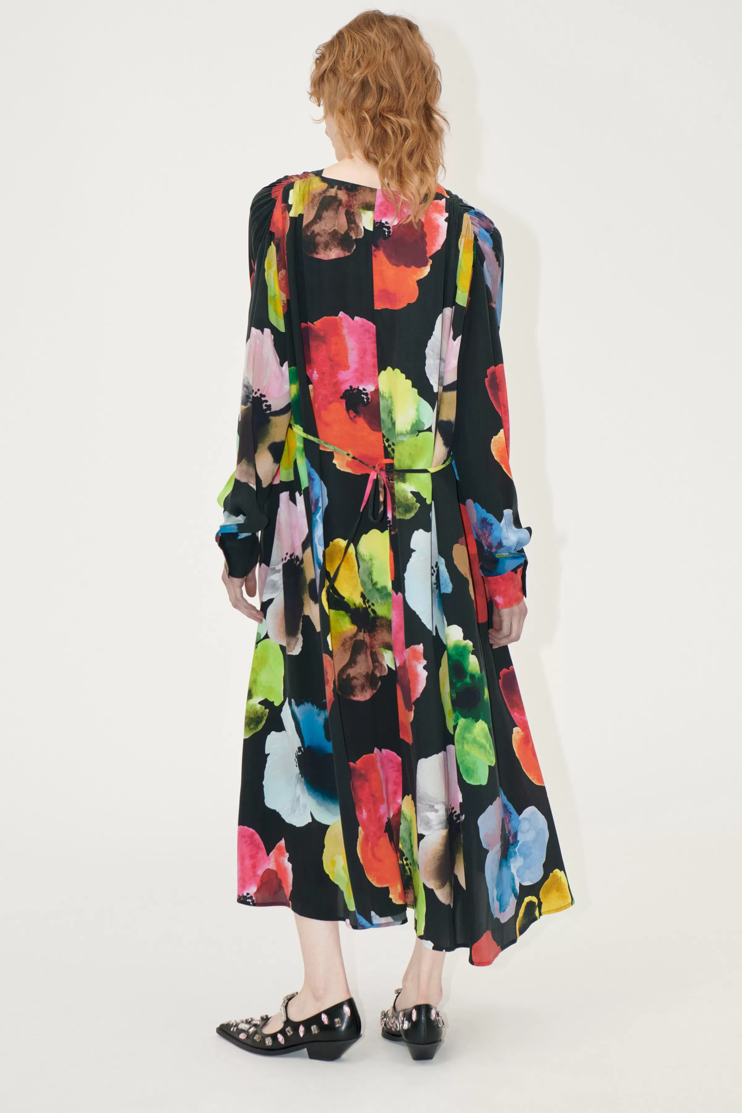 Dresses-STINE GOYA Voluminous V Neck Midi Dress - Watercolor Bloom WatercolorBloom