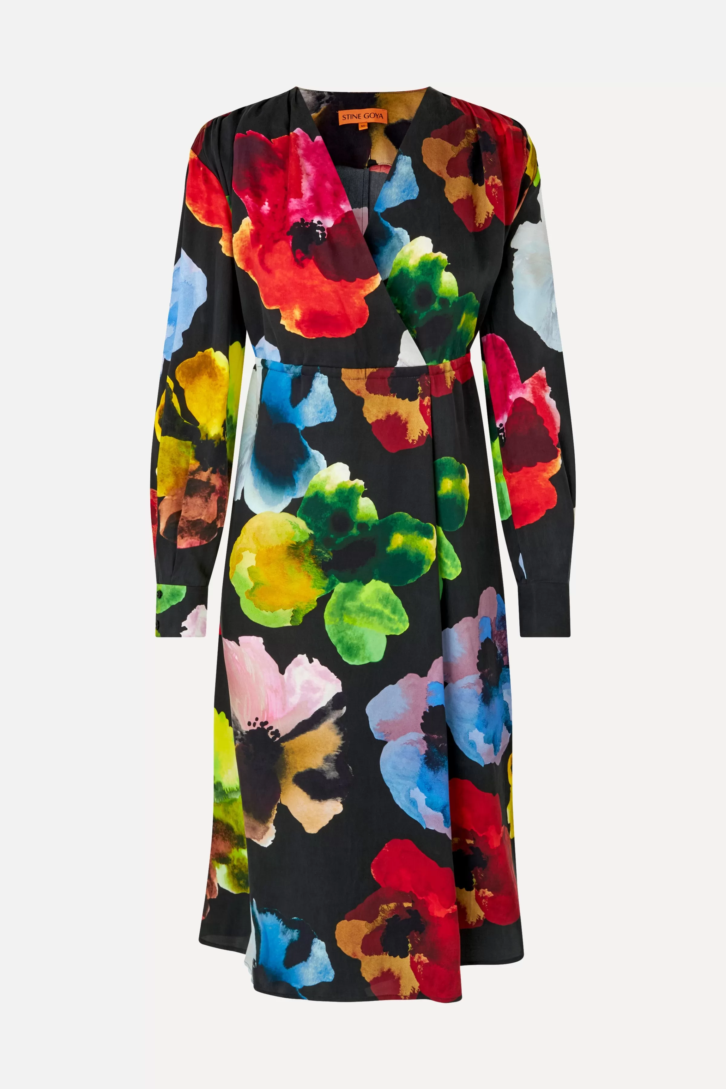Dresses-STINE GOYA Voluminous V Neck Midi Dress - Watercolor Bloom WatercolorBloom
